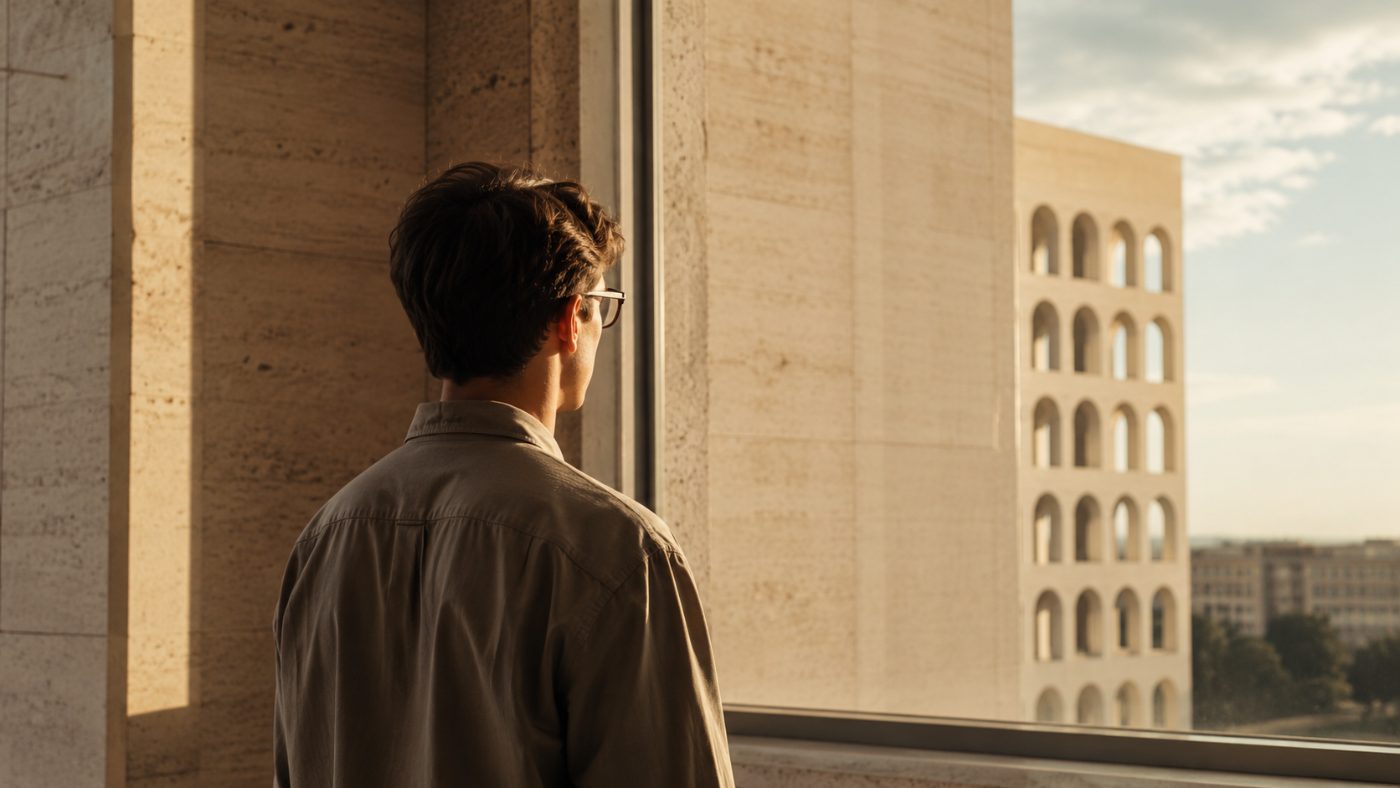 Ragazzo con occhiali di spalle davanti al Colosseo Quadrato dell'EUR, luce dorata del pomeriggio