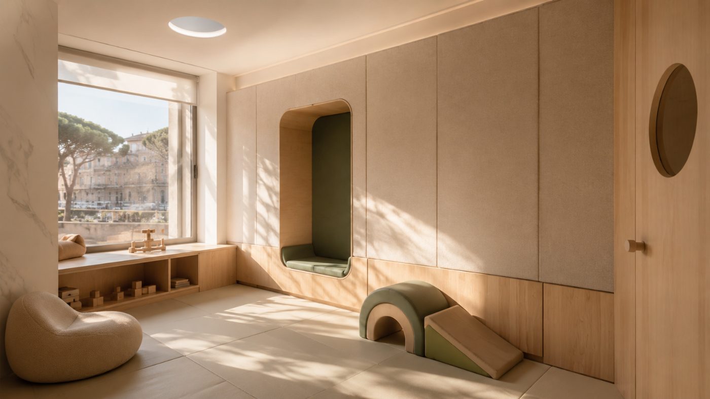 Interno della sala sensoriale VIZO: feltro sabbia, legno naturale, accenti salvia, finestra su Roma
